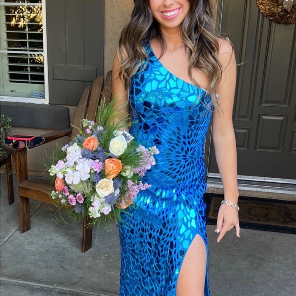 Sherri Hill Vibrant Blue One Shoulder Dress